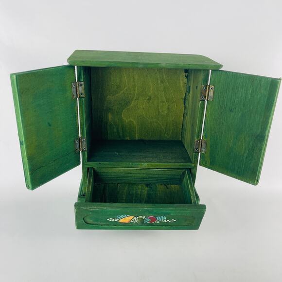 Folk Art Hand Painted Wood Green Small Box Doll Armoire 9 3/8 x 7 3/16 x 3 7/8” - Picture 2 of 6